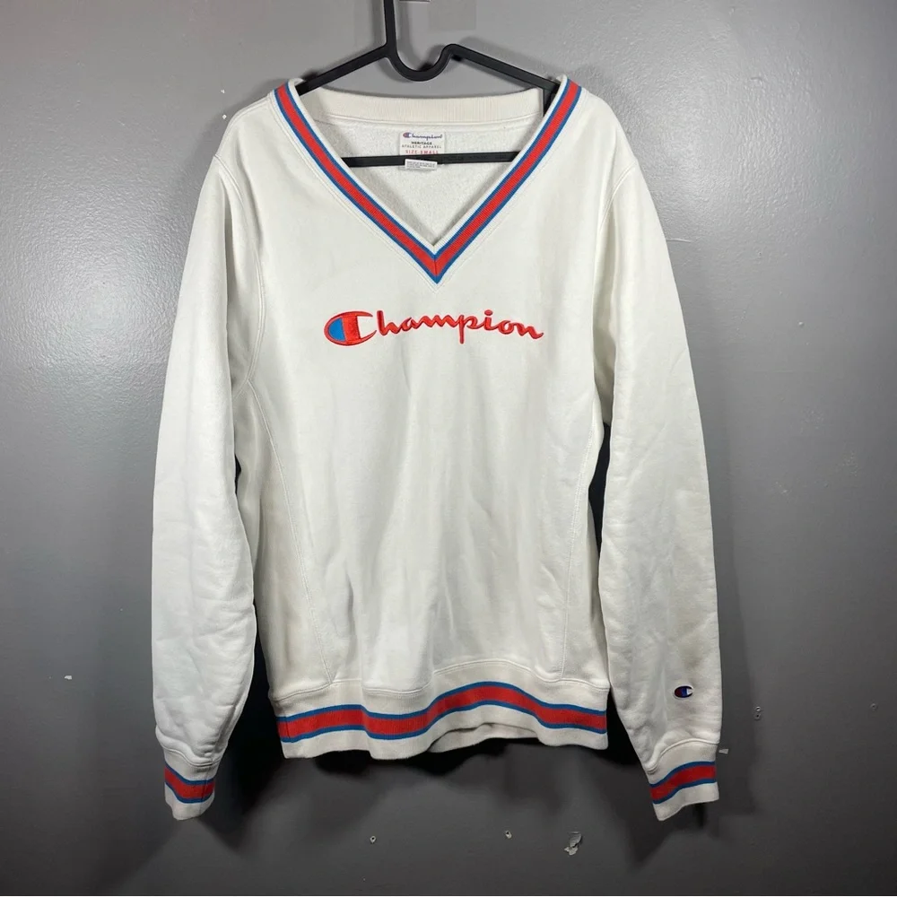 Champion Sweatshirt Heritage V-Neck Striped Trim White Small - Picture 3 of 7